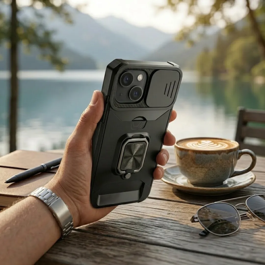 NUVEX iPhone 15 Hoesje - Zwart - Schokbestendig met metalen standaard