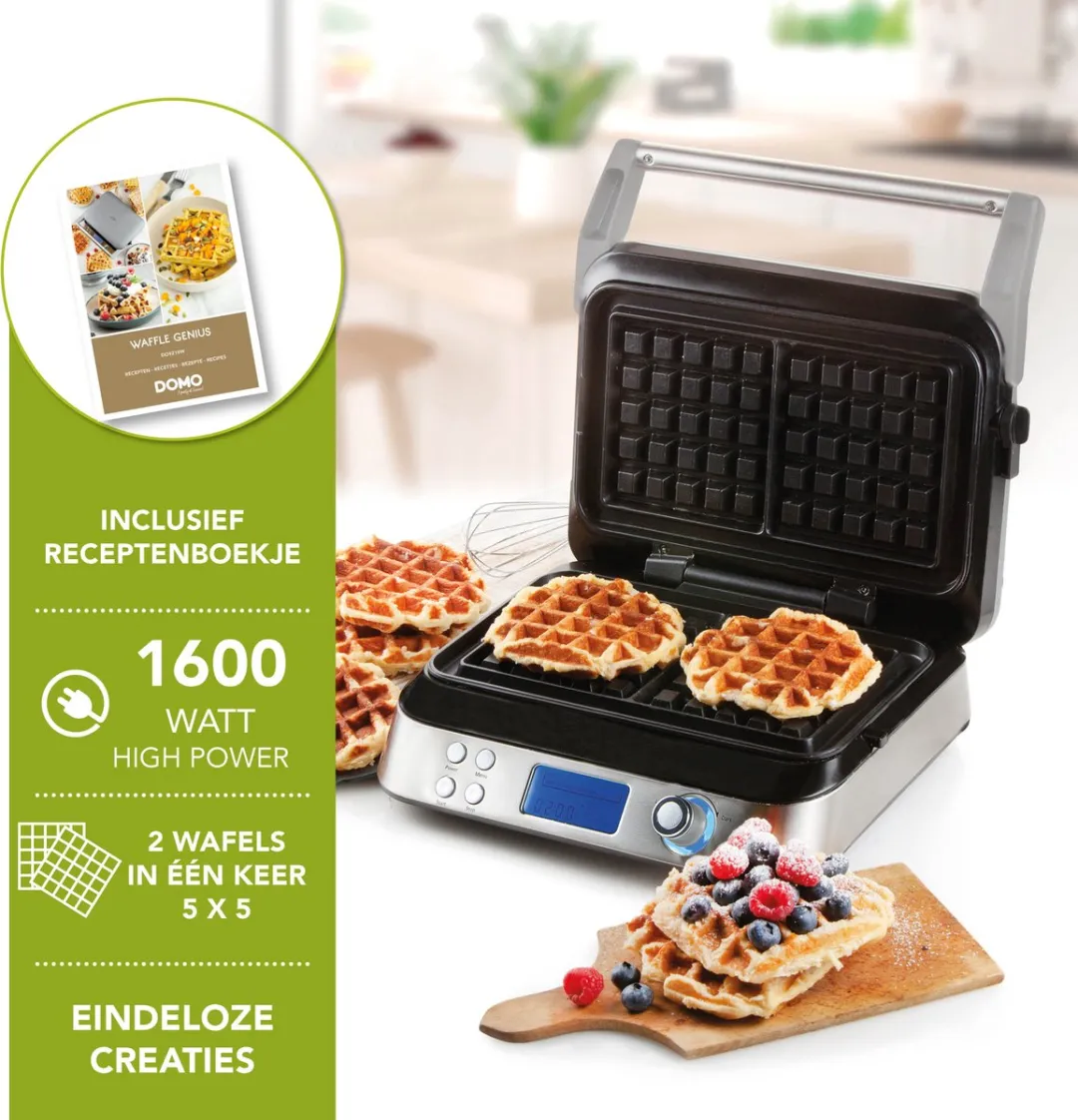 Domo DO9219W Wafelijzer - 1600W - 2 Platen - Zwart/RVS