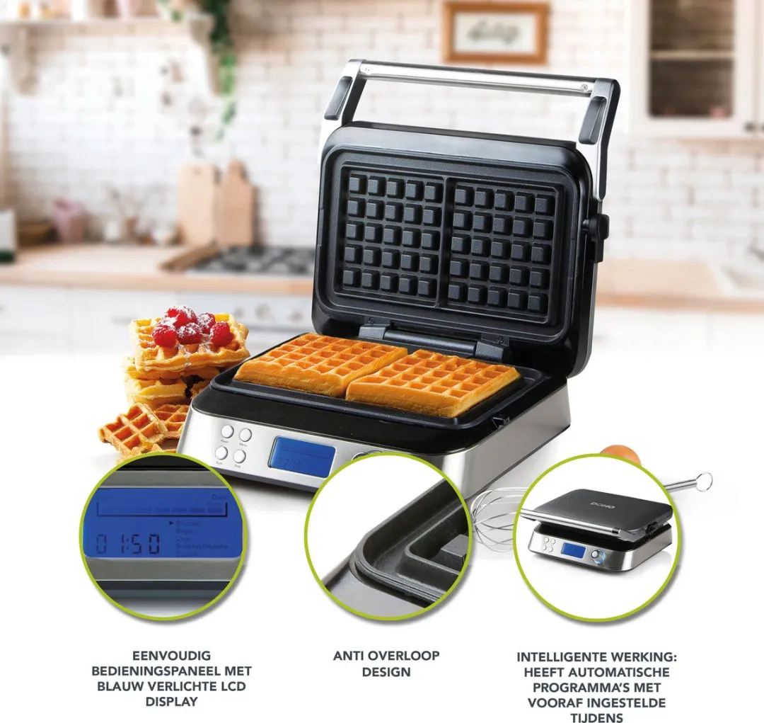 Domo DO9219W Wafelijzer - 1600W - 2 Platen - Zwart/RVS