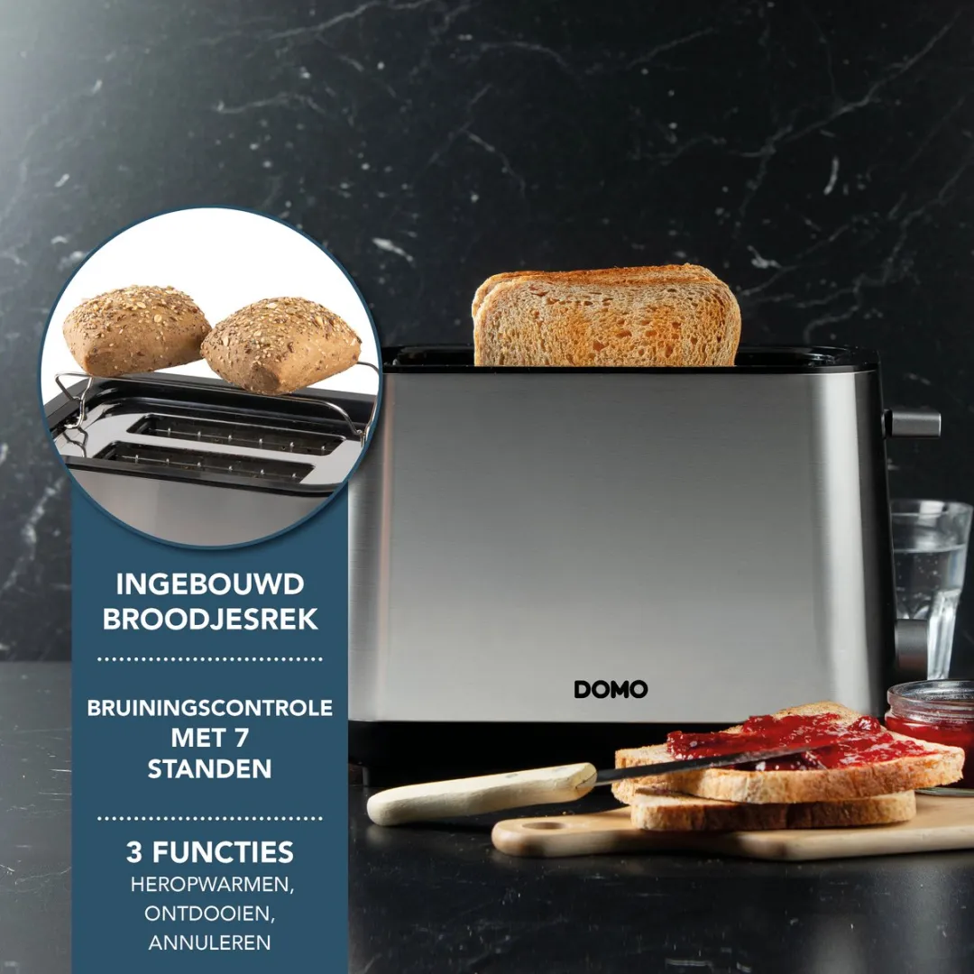 Domo DO966T Broodrooster 900W - 2 Extra Brede Sleuven - Ingebouwd Broodjesrek
