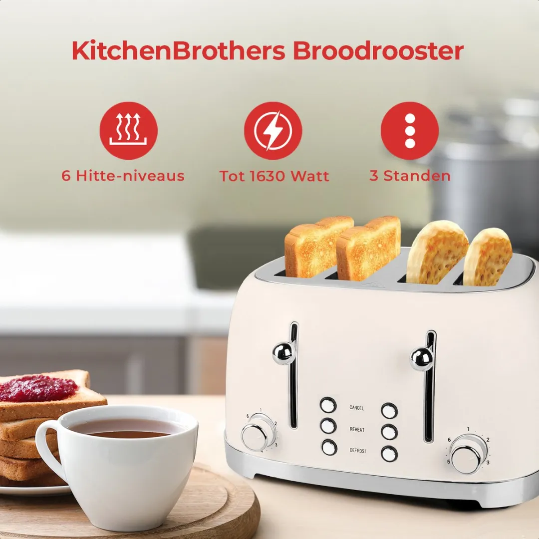 KitchenBrothers Retro Broodrooster KB744 - 4 Sneden 1630W - Beige