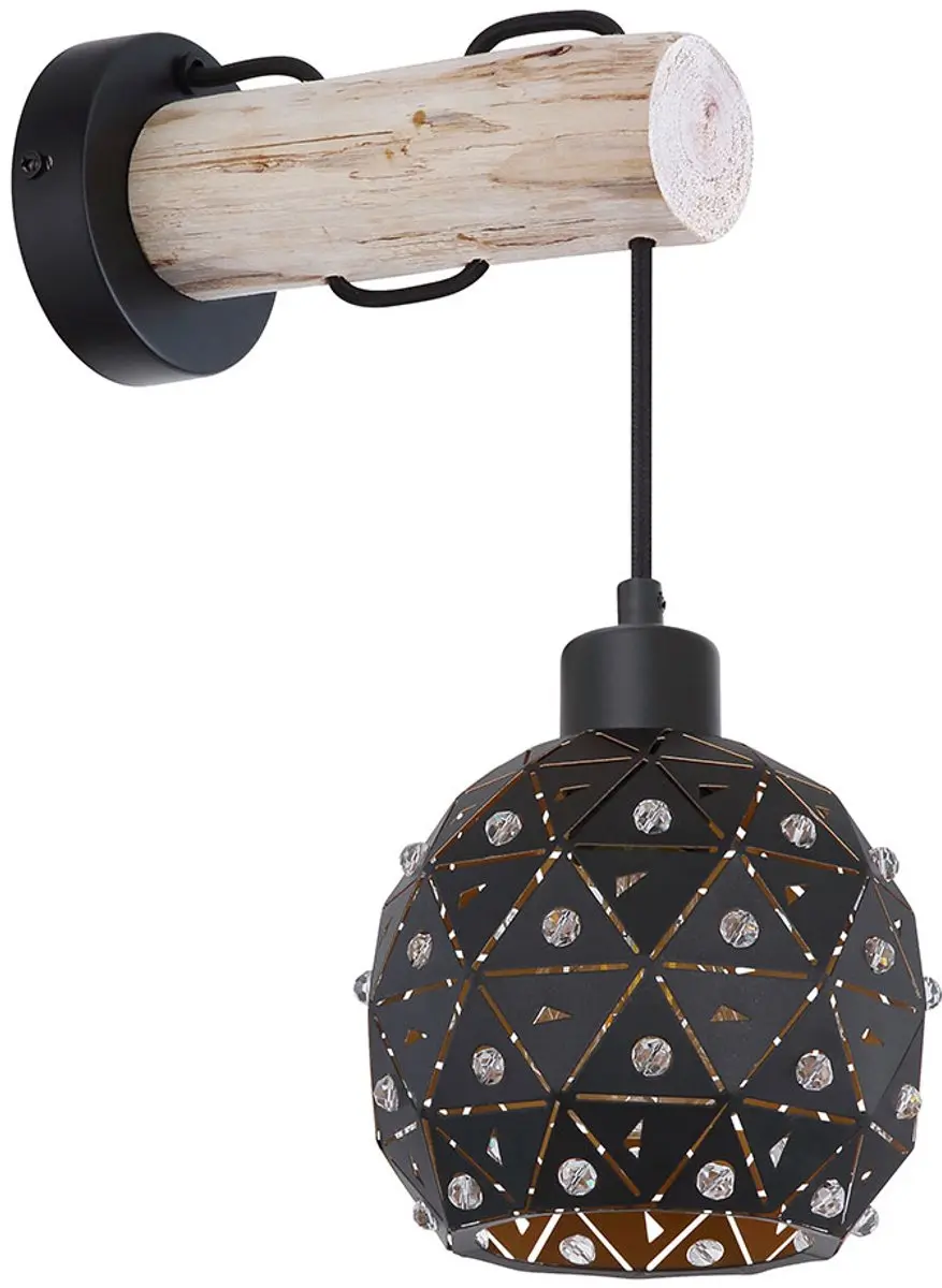 Wandlamp Wandlamp woonkamer hout met kristallen kap in bolvorm, kap ronde balk,