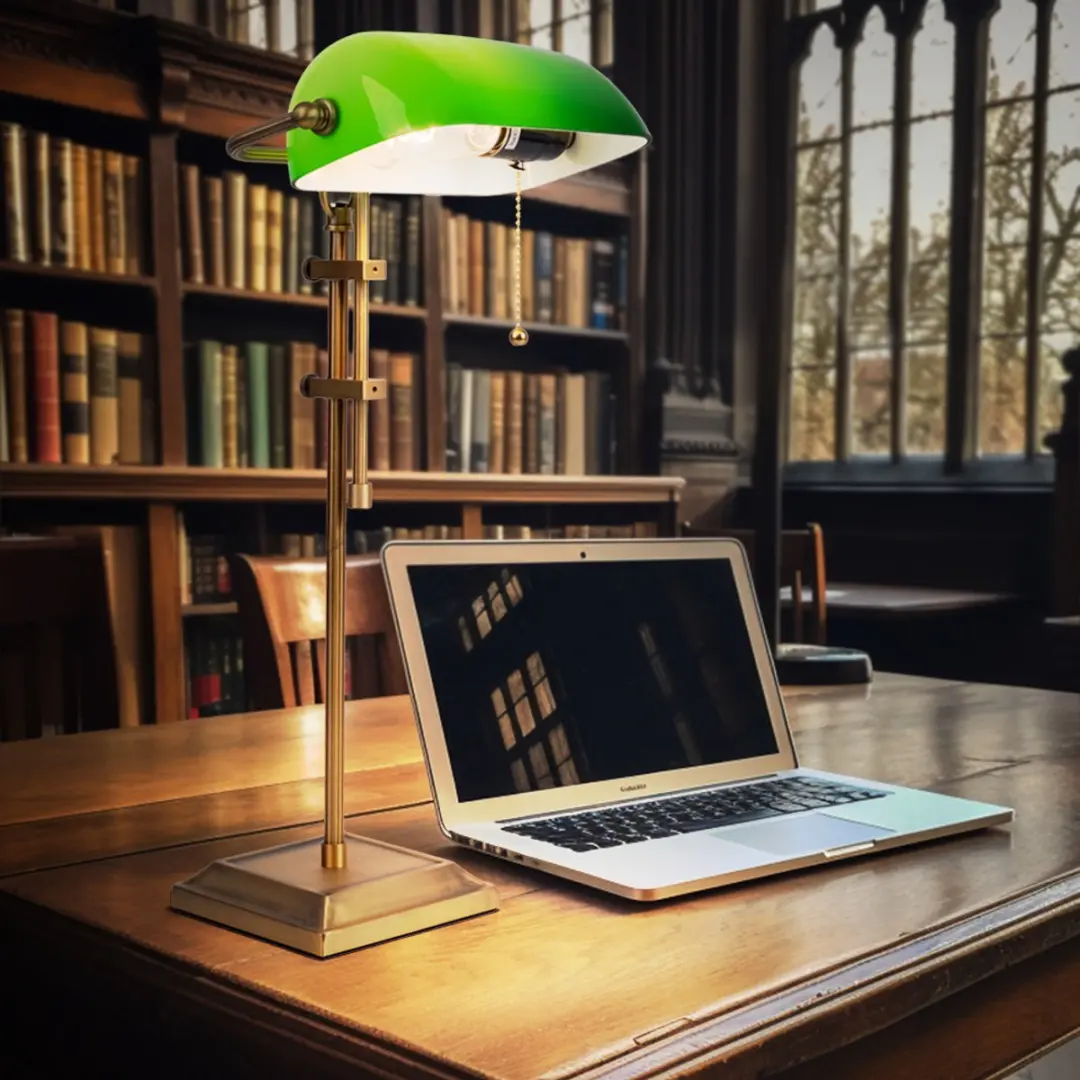 Bureaulamp Bankerlamp Tafellamp antiek messing glas groen Leeslamp in hoogte ver