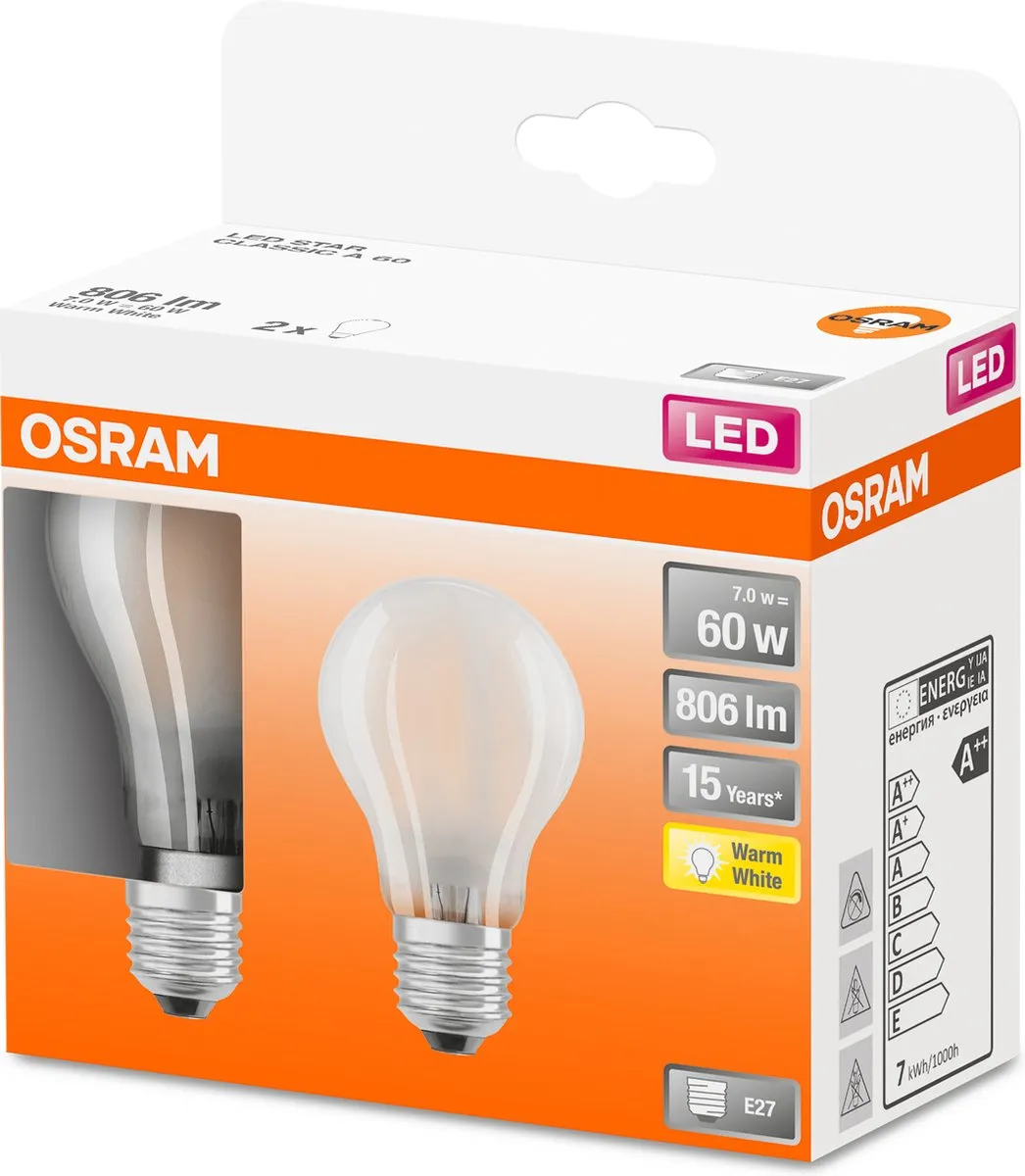Osram LED Classic A60 E27 6,5W 806lm Warm Wit - 2 Stuks