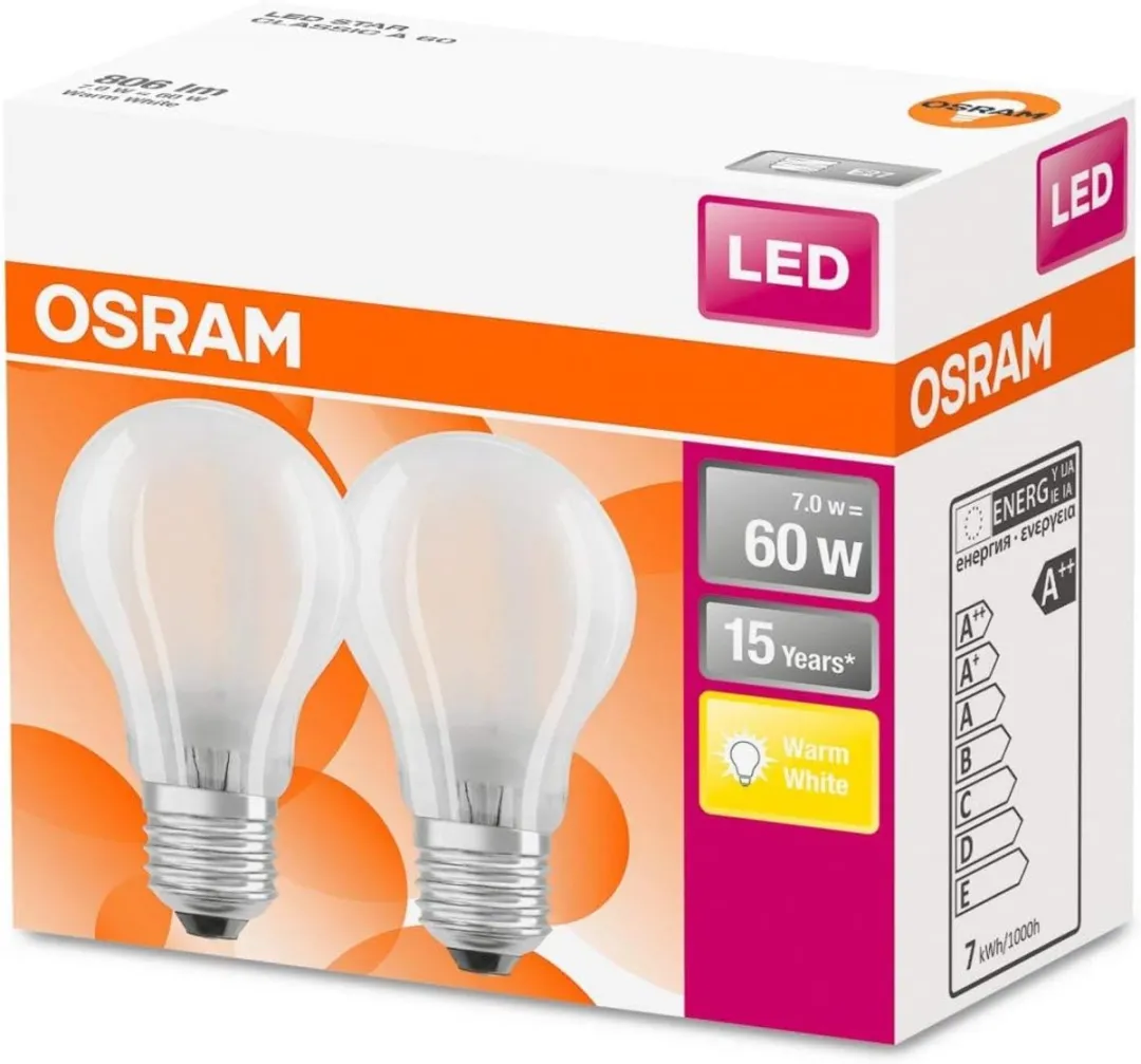 Osram LED Classic A60 E27 6,5W 806lm Warm Wit - 2 Stuks