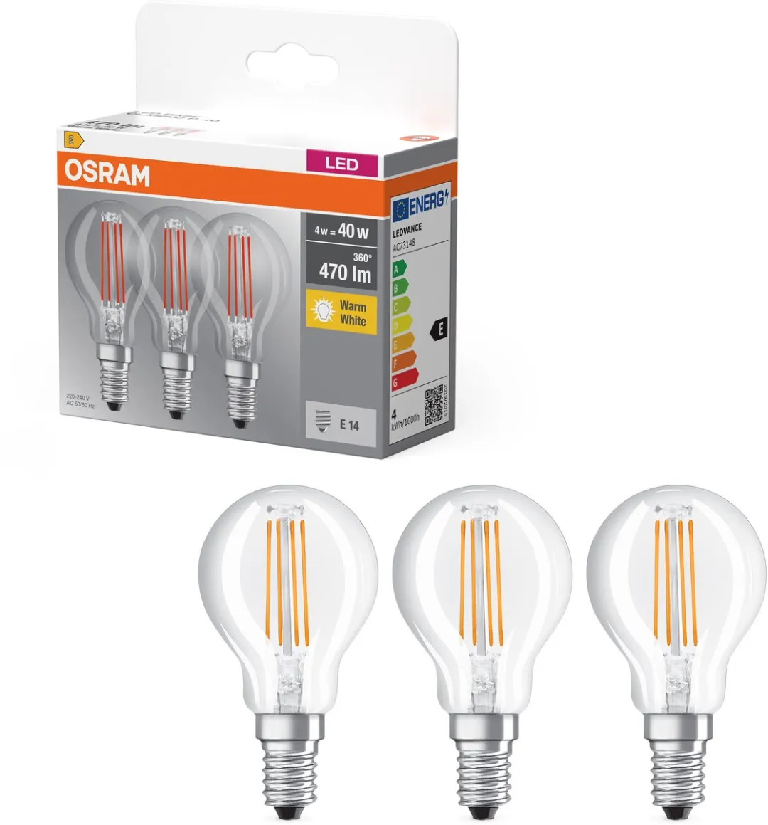Osram E14 Kogel 4W Warmwit LED - 3 Stuks
