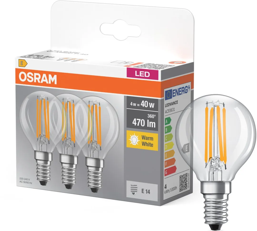 Osram E14 Kogel 4W Warmwit LED - 3 Stuks