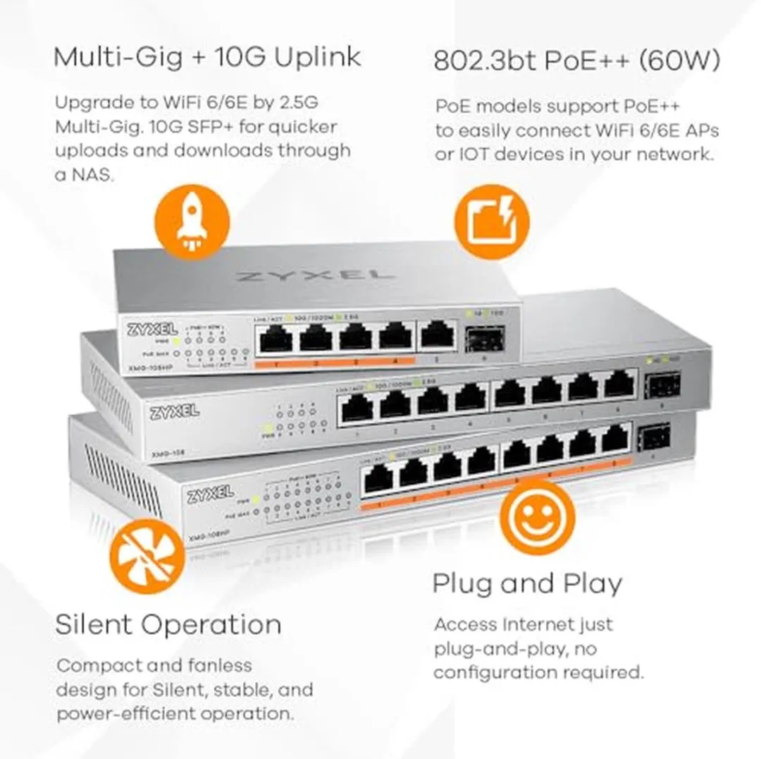 Zyxel XMG-105HP 2.5G Unmanaged Switch - 5x PoE 70W - Zilver