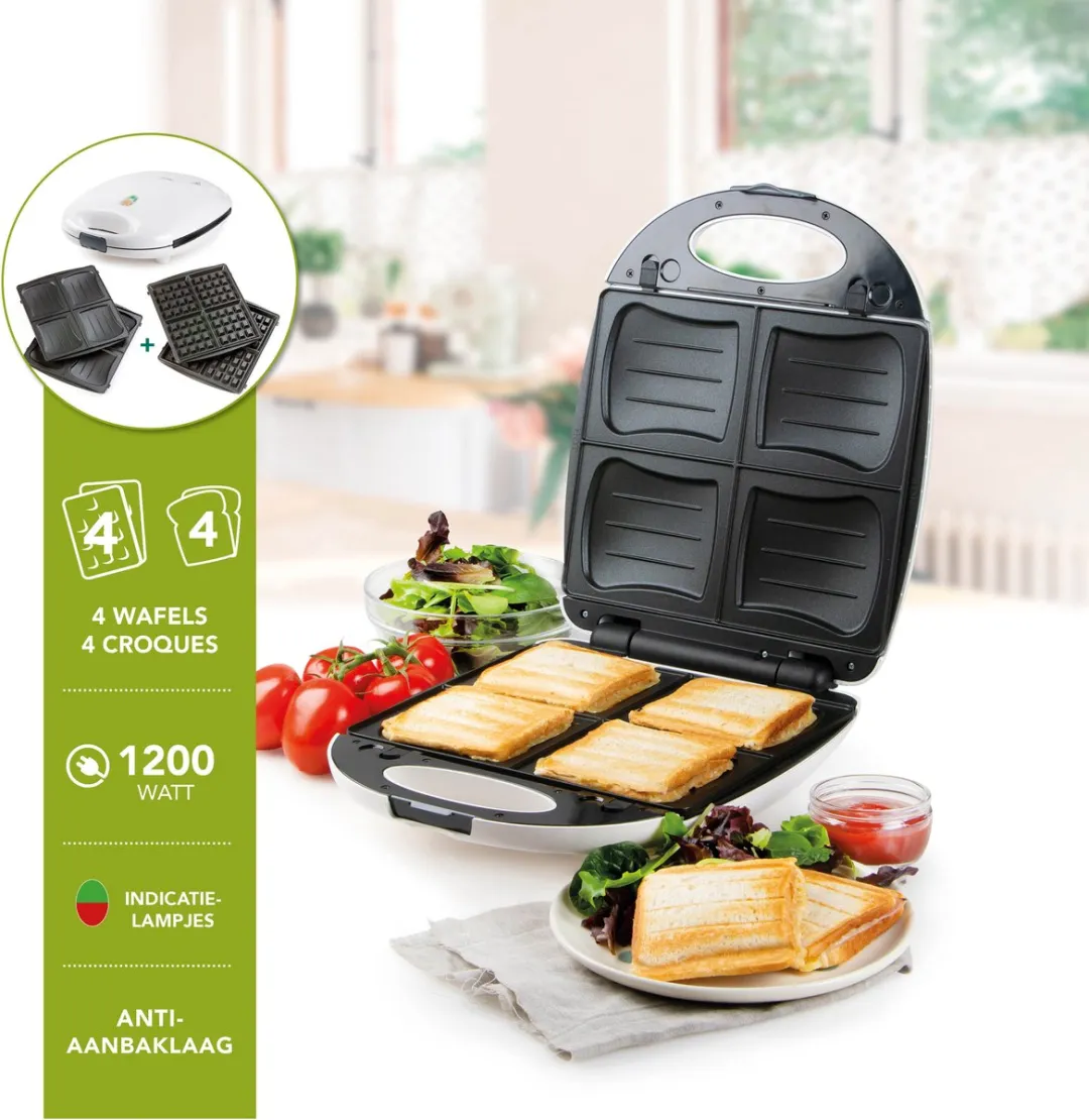 Domo DO9046C Tostiapparaat - 4 Sandwiches/Wafels - 1200W - Wit