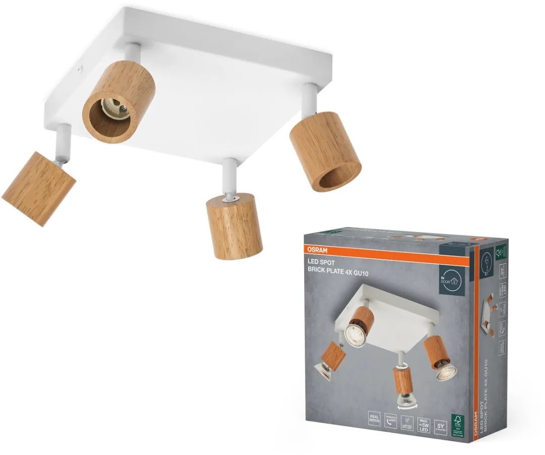 Osram LED Spot Brick Plafondlamp 4xGU10 - Warm wit - Wit/Hout