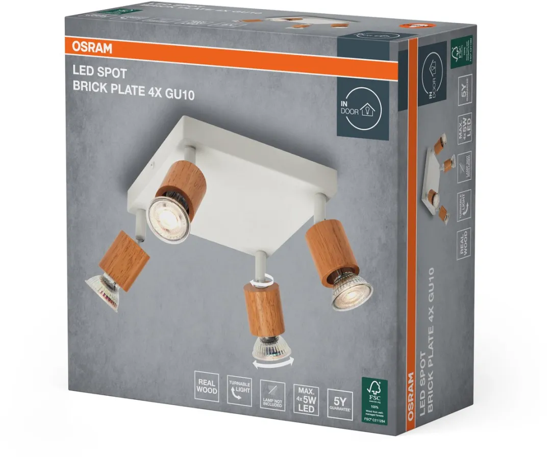 Osram LED Spot Brick Plafondlamp 4xGU10 - Warm wit - Wit/Hout