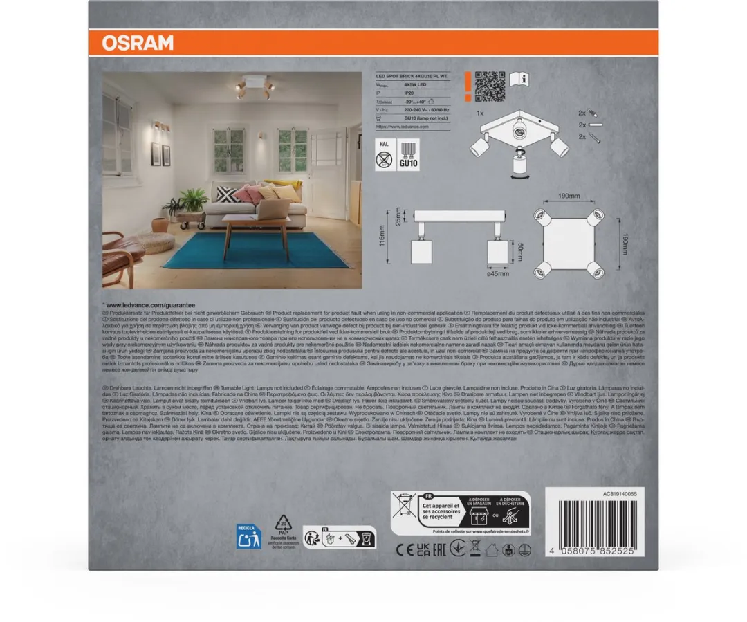 Osram LED Spot Brick Plafondlamp 4xGU10 - Warm wit - Wit/Hout - afbeelding 6 van 6