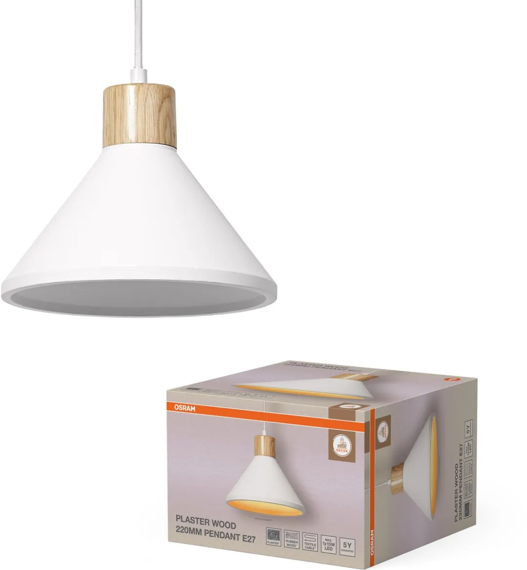 Osram Decor Plaster Wood Hanglamp 220mm - Wit|Houtdecor