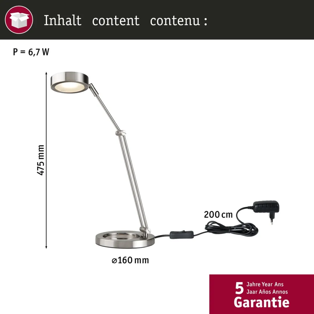 Paulmann LED Bureaulamp Zed 5W 3000K - Staal geborsteld