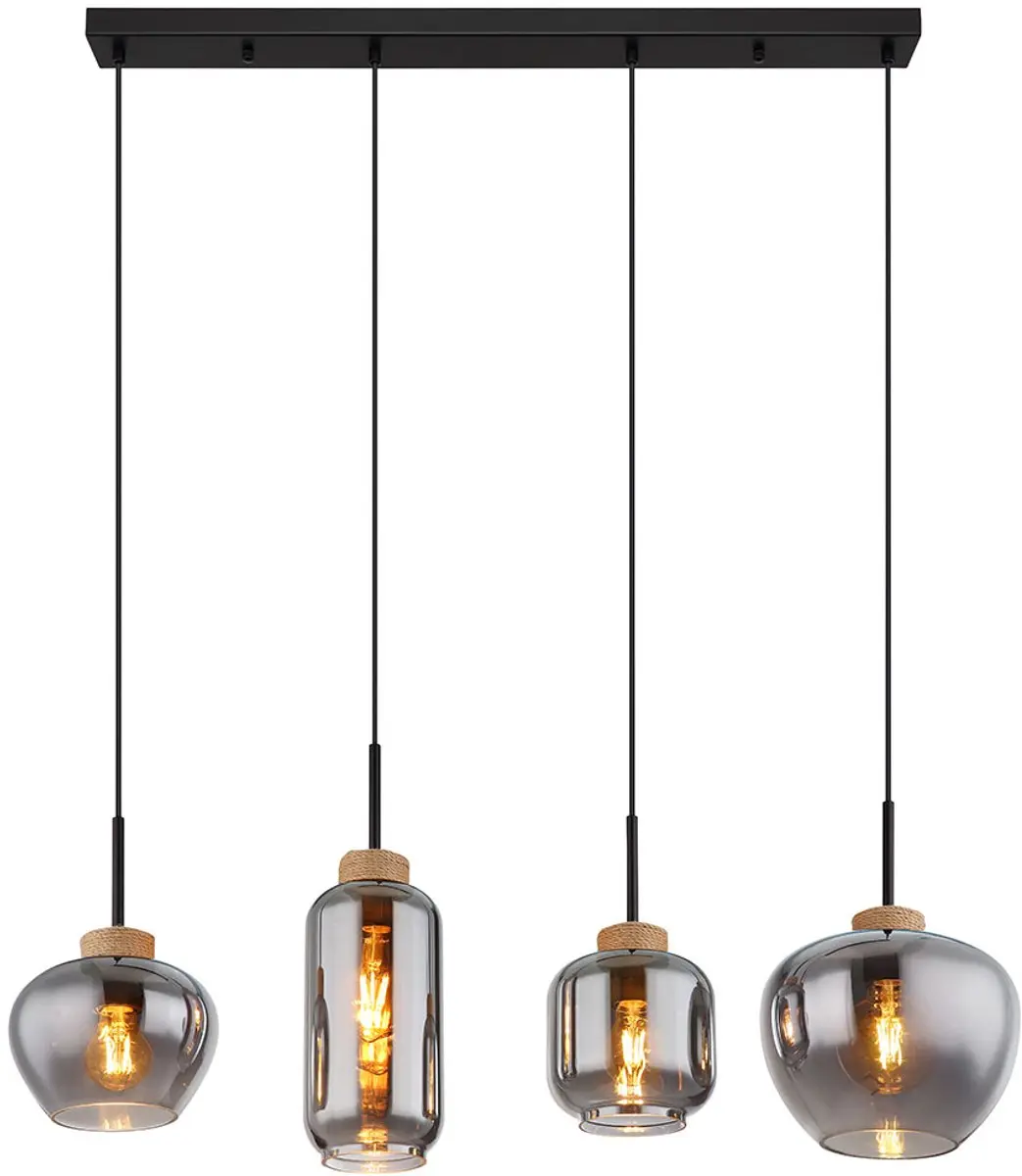 Hanglamp eetkamer 4-lichts hanglamp rookglas, metaal, 4x E27 fitting, LxBxH 96x2