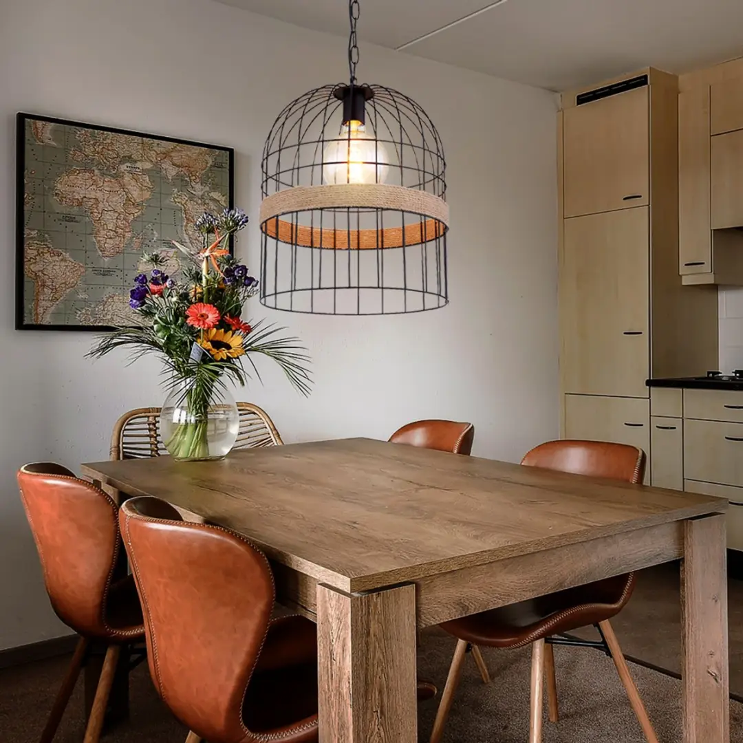 Hanglamp henneptouw hanglamp woonkamer hanglamp metalen raster look, zwart bruin