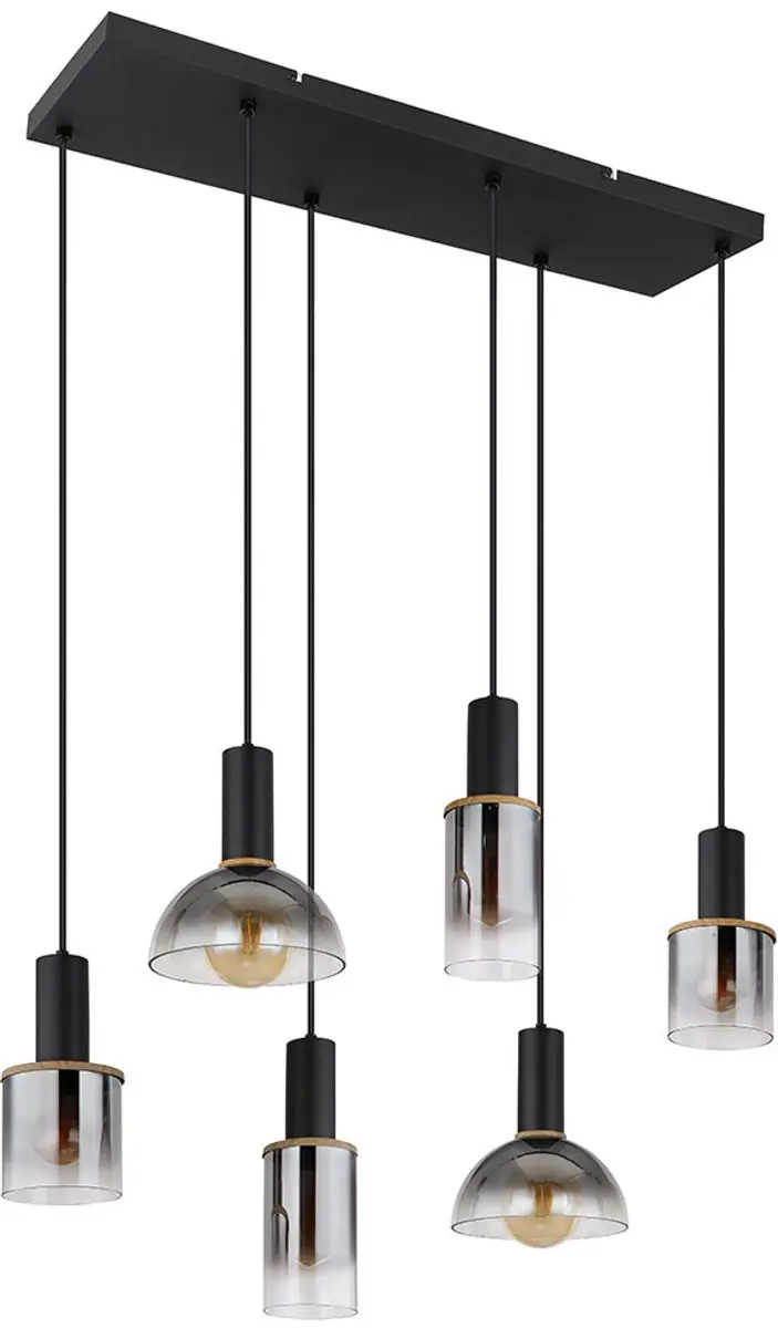 Hanglamp Eetkamerlamp Woonkamerlamp, metaal glas smoke-kleurig, 6x E27 fitting,
