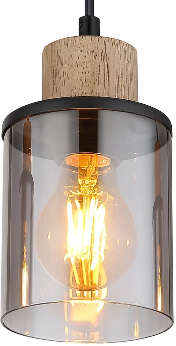 Hanglamp eettafel lamp hanglamp woonkamer 3 vlammen, metaal zwart hout bruin gla