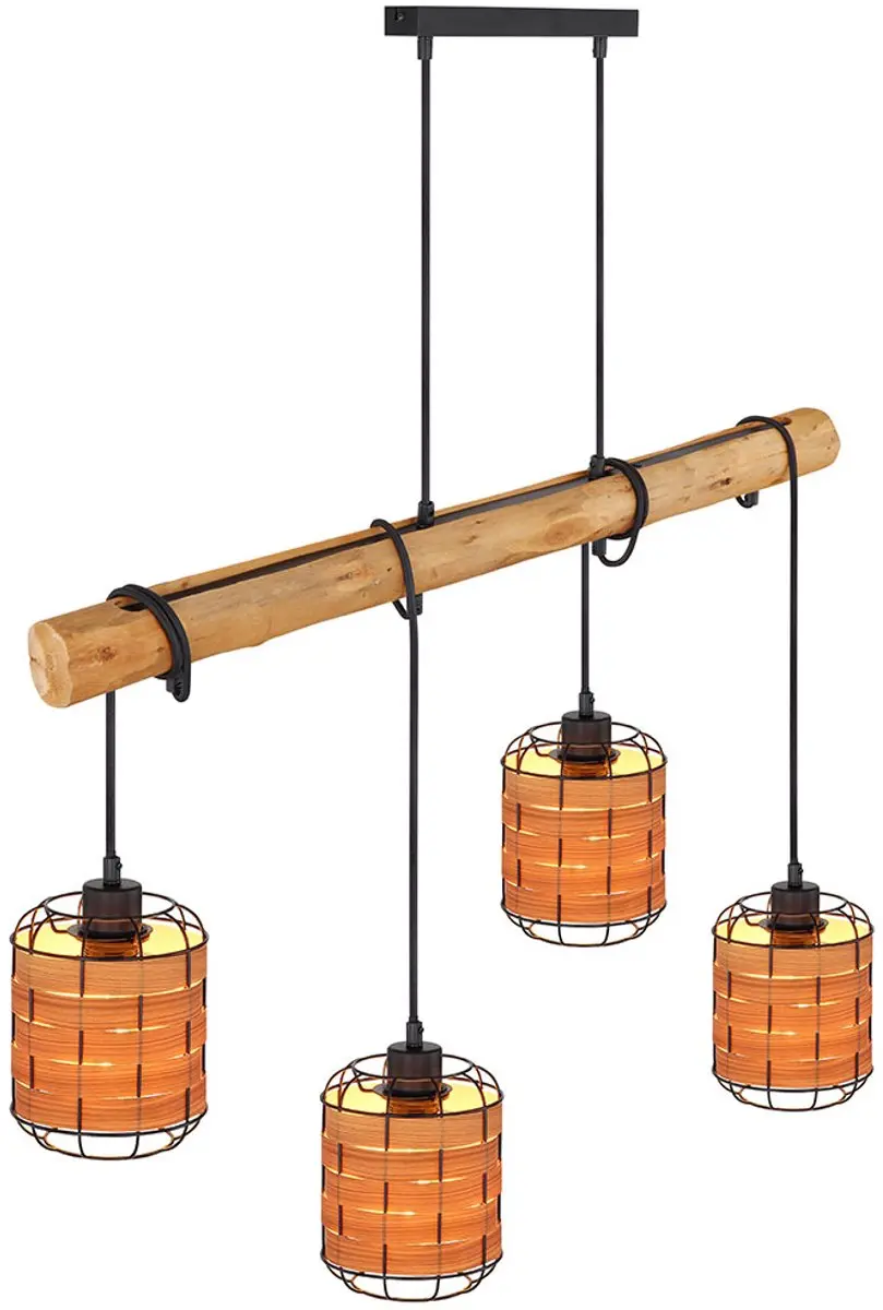 Hanglamp 4 vlammen hanglamp houtlook woonkamerlamp voor verstellen, metaal kunst