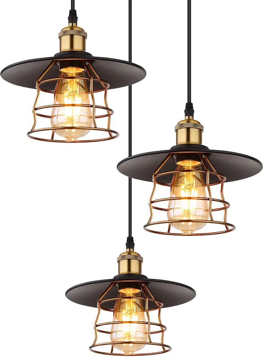 Hanglamp eettafel 3 vlam industriële hanglamp keuken, metaal zwart messing, 3x