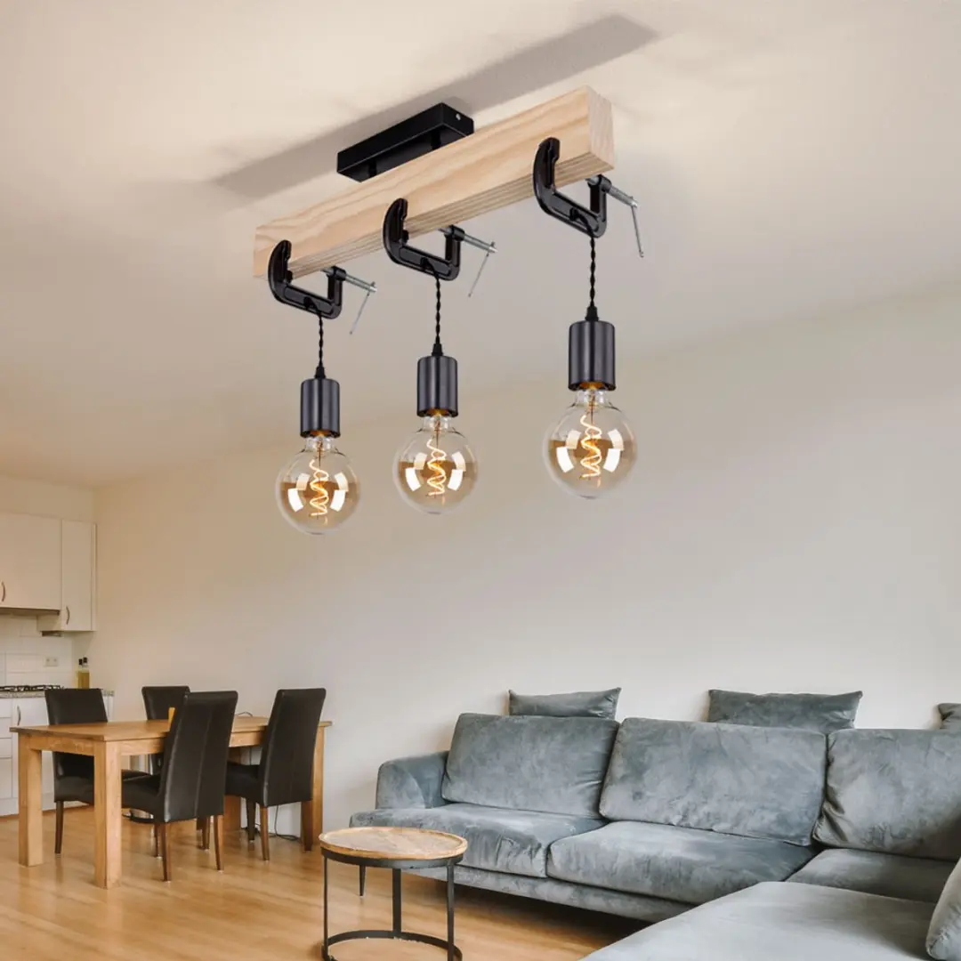 Houten lamp plafondlamp 3 vlammen eetkamerlamp woonkamer, hout metaal natuurlijk