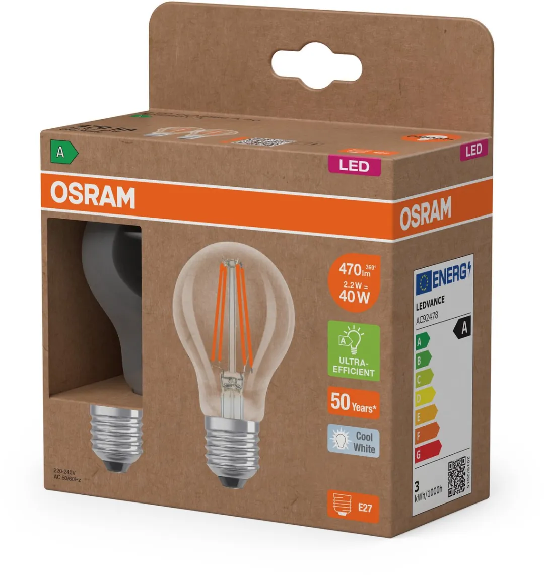 Osram Energy Class LED-lamp E27 2,2W 470lm Koelwit - 2 Stuks - afbeelding 6 van 6