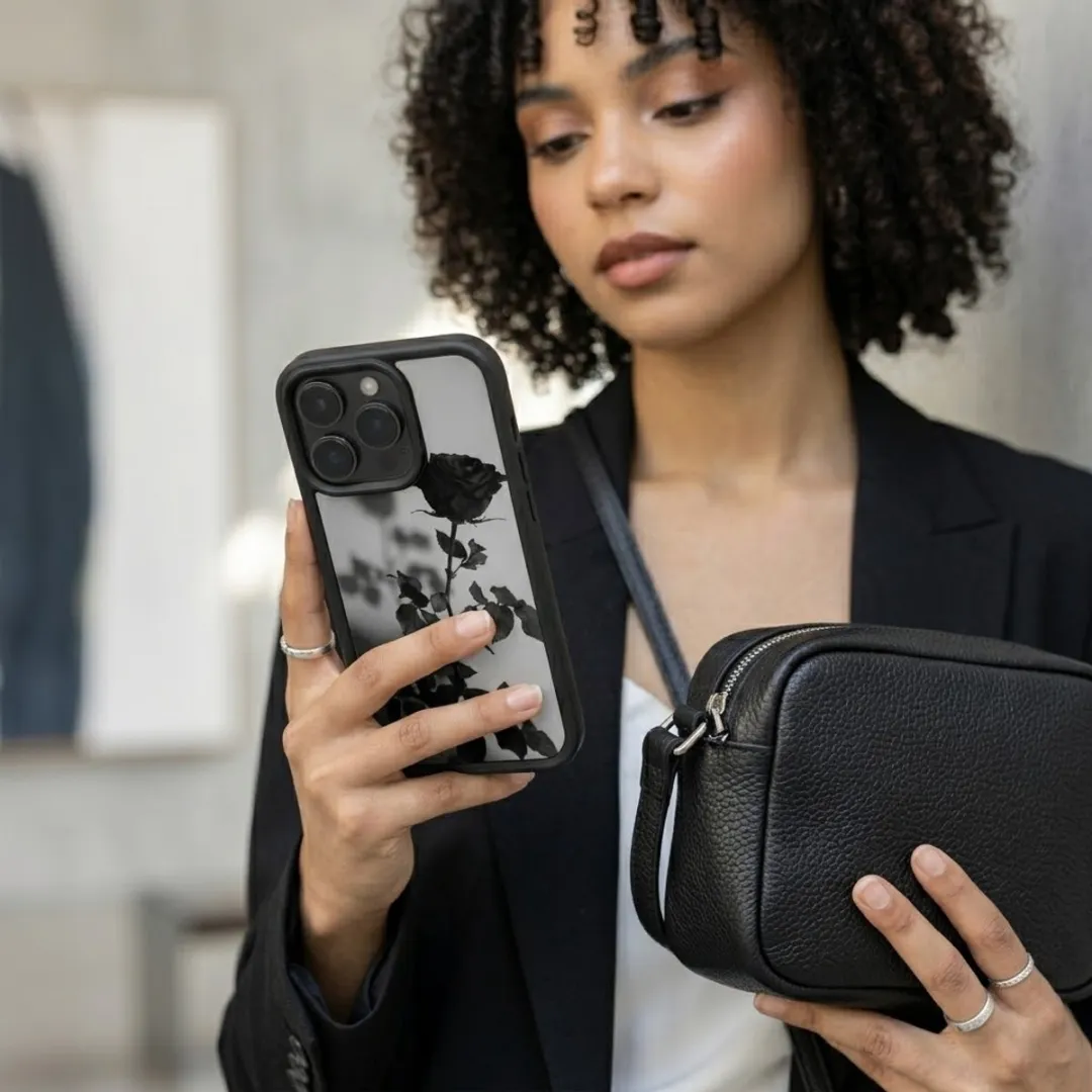 NUVEX iPhone 14 Pro Hoesje - Zwart Transparant - Roos Print