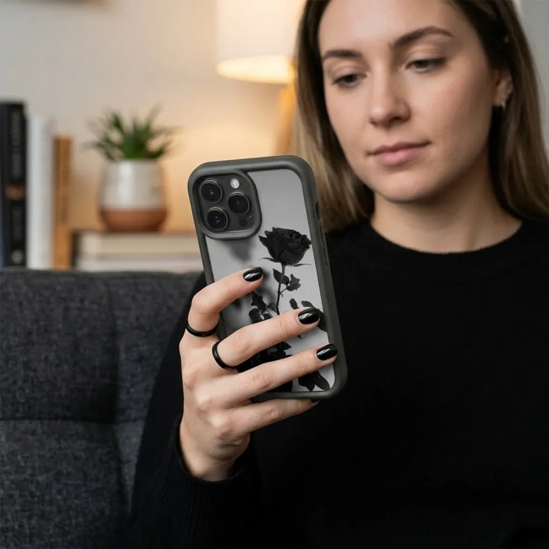 NUVEX iPhone 14 Pro Hoesje - Zwart Transparant - Roos Print - afbeelding 6 van 6