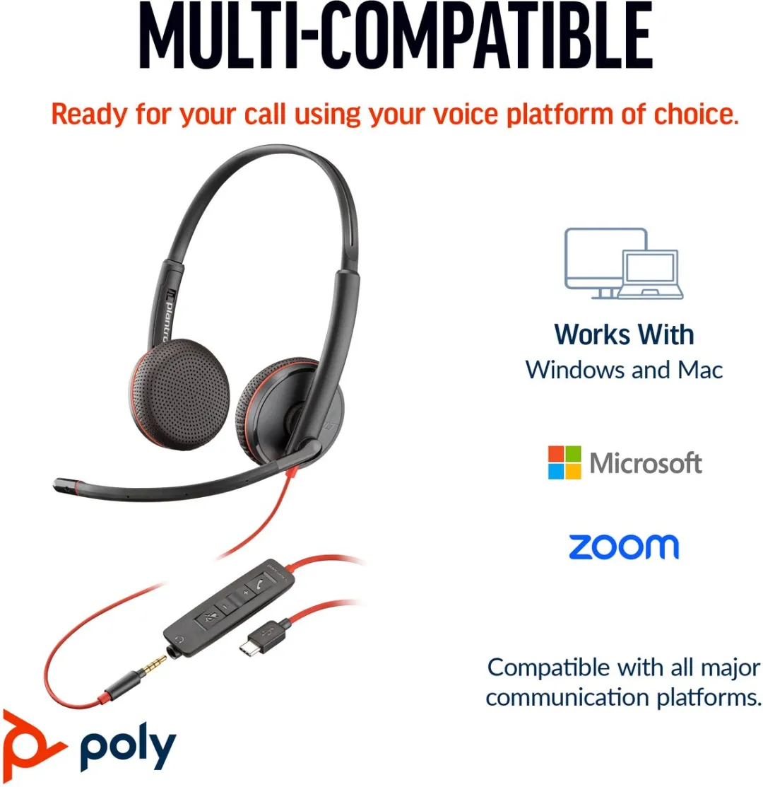 Poly Blackwire 3225 Headset - USB-C/USB-A - 20Hz - Zwart