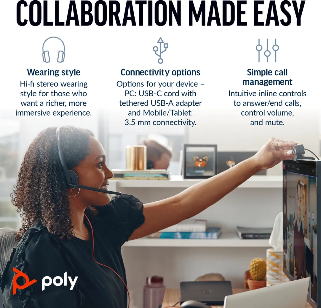 Poly Blackwire 3225 Headset - USB-C/USB-A - 20Hz - Zwart