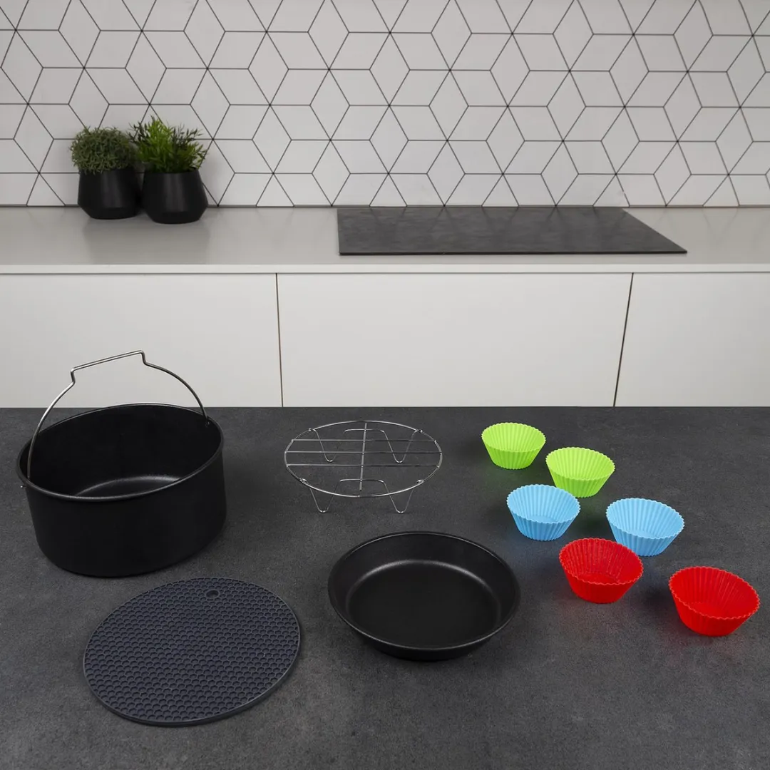 Princess 182011 Airfryer Accessoireset 10-delig - Accessoire voor heteluchtfriteuse - Grillrek - Pizzapan - Muffinset - Bakblik - Siliconen onderzetter - Diameter 18 cm