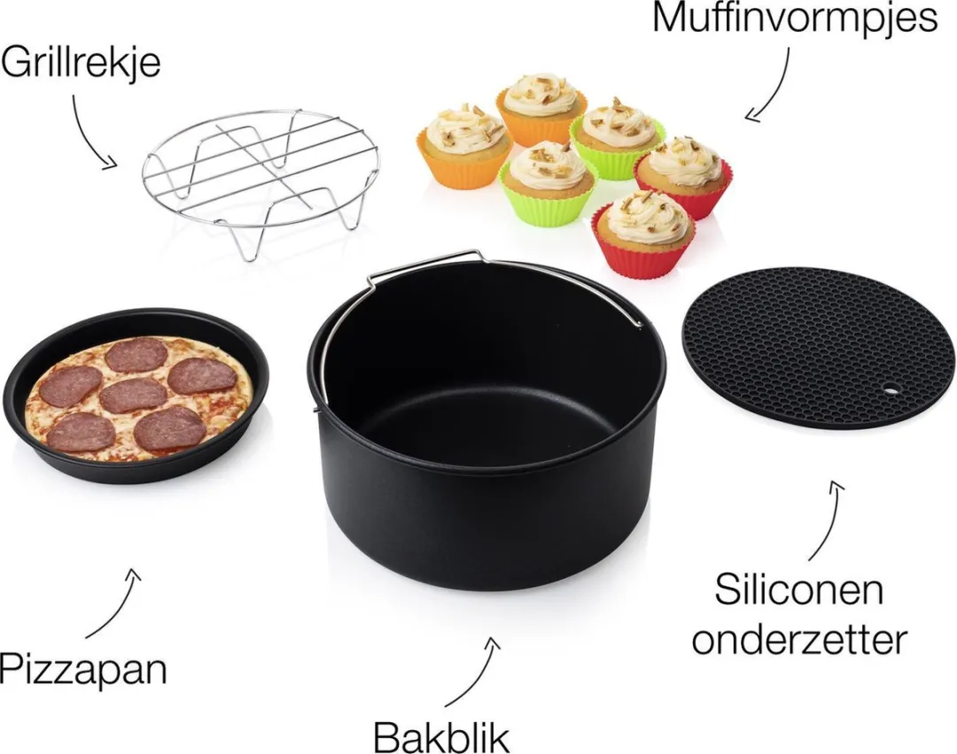 Princess 182011 Airfryer Accessoireset 10-delig - Accessoire voor heteluchtfriteuse - Grillrek - Pizzapan - Muffinset - Bakblik - Siliconen onderzetter - Diameter 18 cm