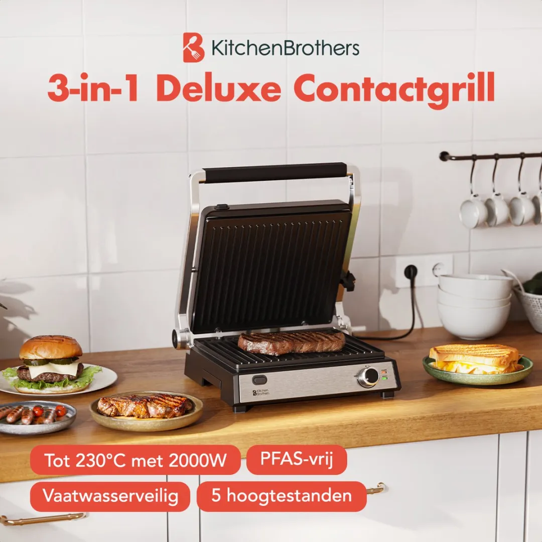 KitchenBrothers Contactgrill Deluxe KB1004088 Tostiapparaat 2000W - 2 Platen - RVS