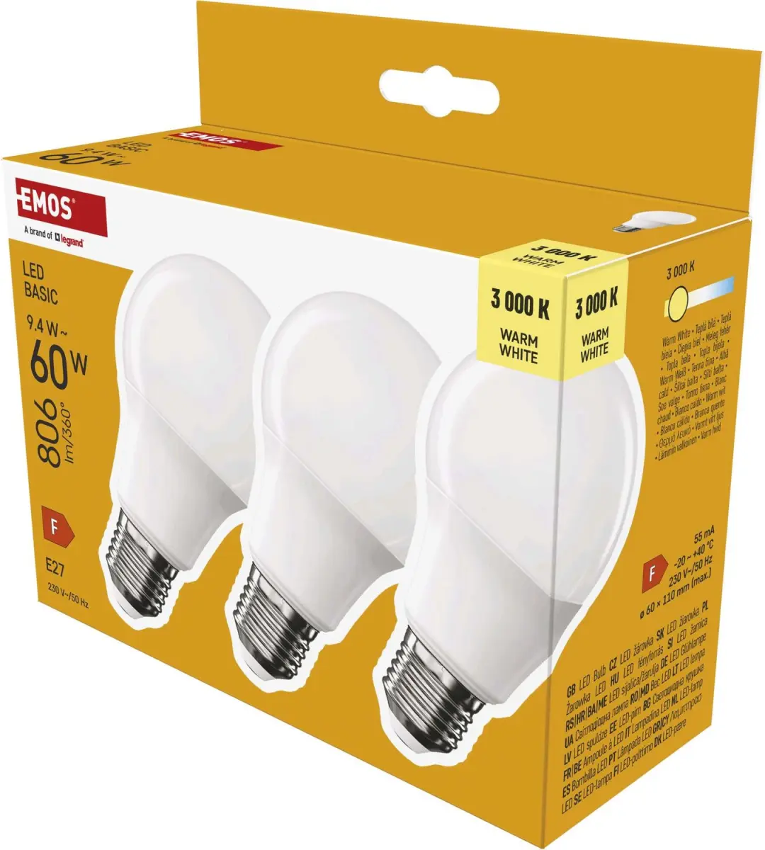 EMOS LED-lamp Basic A60 / E27 / 9,4 W (60 W) / 806 lm / warm wit / 3 stuks, ZL5F