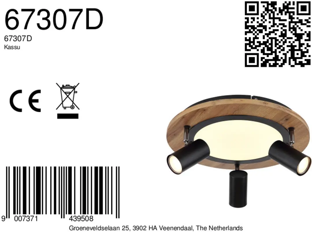 Globo Kassu 67307D Plafonniere - Naturel Zwart - afbeelding 4 van 6