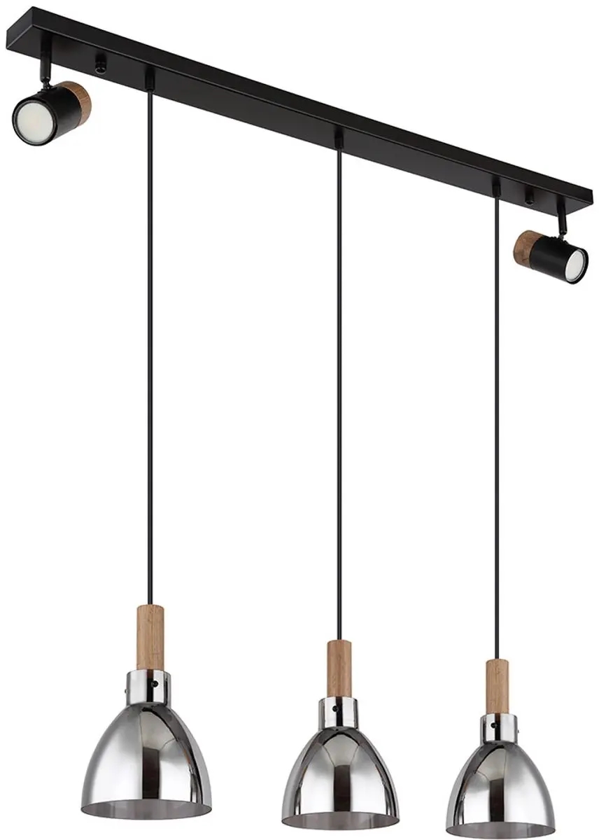 Hanglamp zwart hanglamp modern eettafel lamp, 5-vlam draaibare spots hout look,