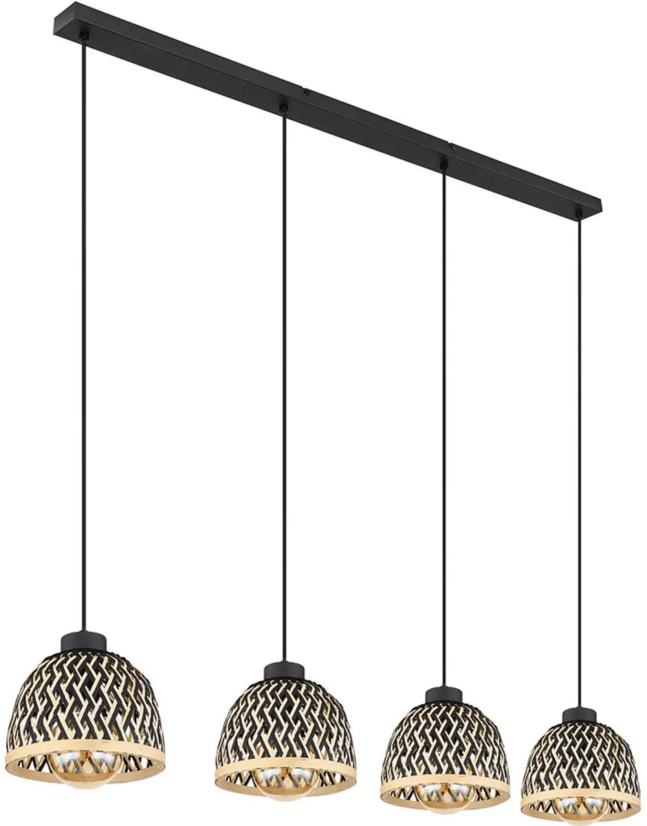 Hanglamp eettafel hanglamp Boho woonkamerlamp 4-lichts, bamboe kap in hoogte ver