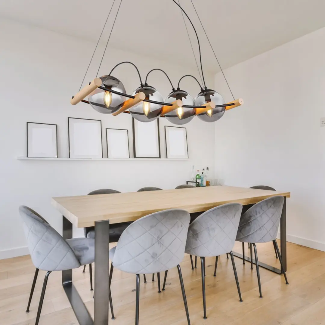 Hanglamp hanglamp eettafellamp, 4 vlammen in hoogte verstelbaar, rookglas metaal