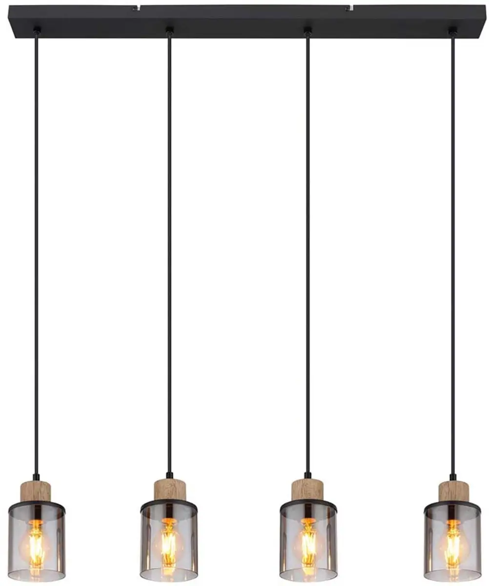 Hanglamp zwart eettafel lamp 4 vlammen rookglas hanglamp, metaal zwart mat, hout