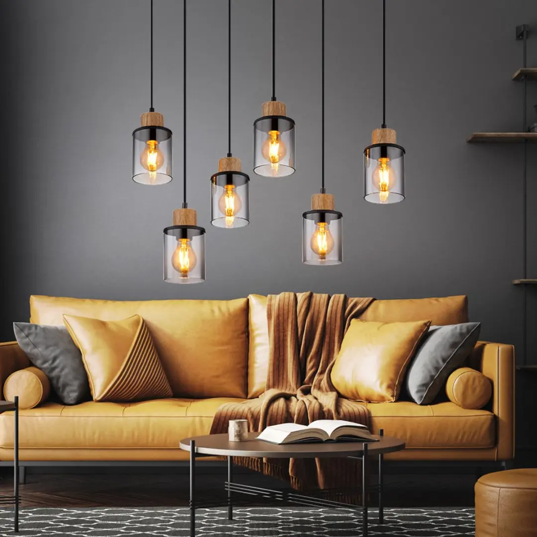Hanglamp zwart eettafellamp 4 vlammen rookglas hanglamp hout in hoogte verstelba