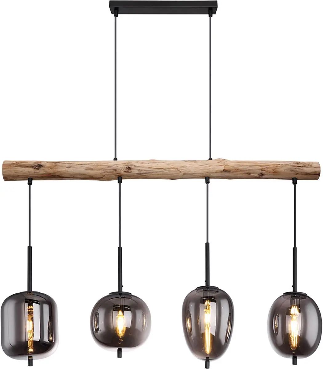 Hanglamp houten lamp 4 vlammen glazen kap rookkleurige hanglamp hanglamp woonkam