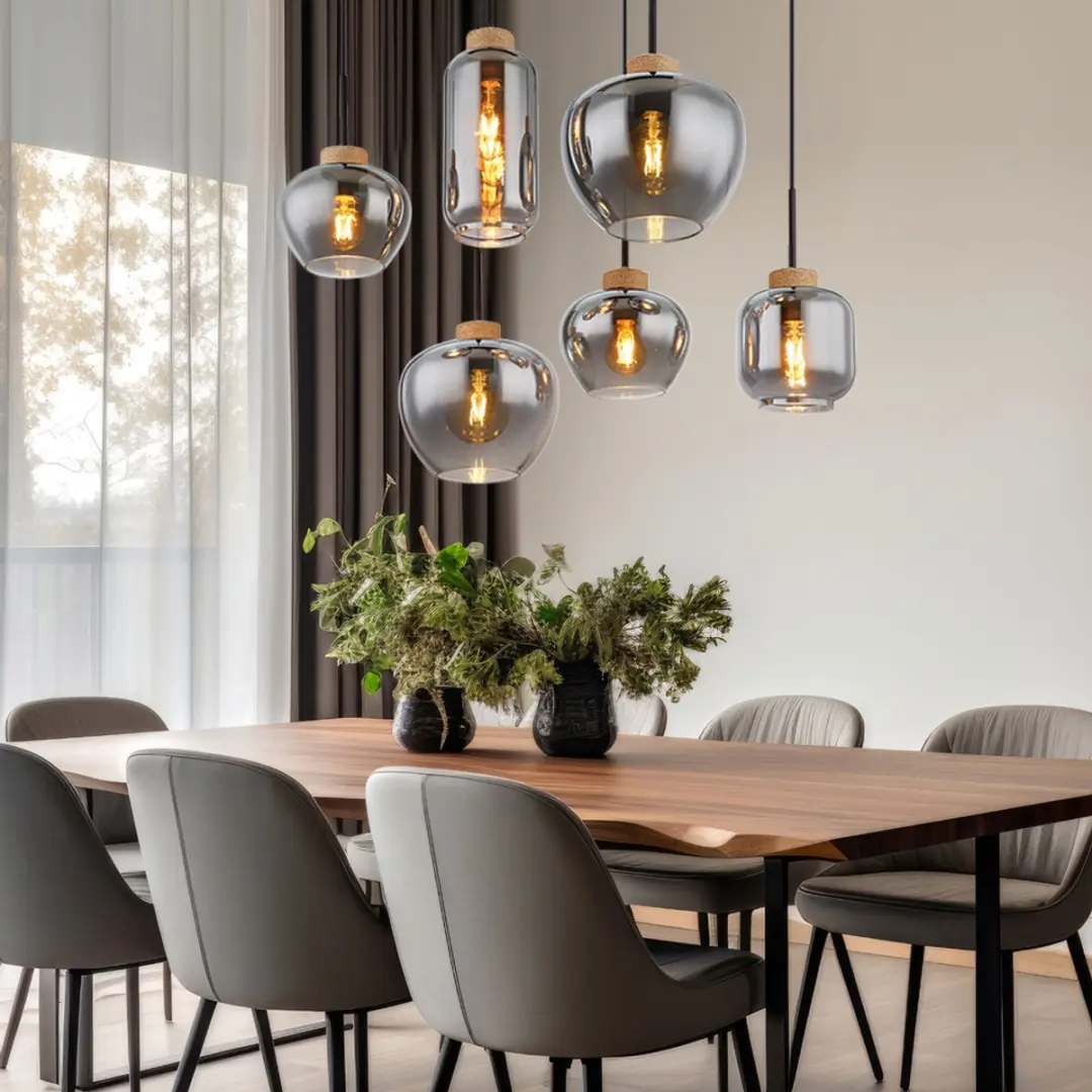 Hanglamp Hanglamp Eettafellamp, 6 vlammen, retro rookglas metaal zwart hennep br