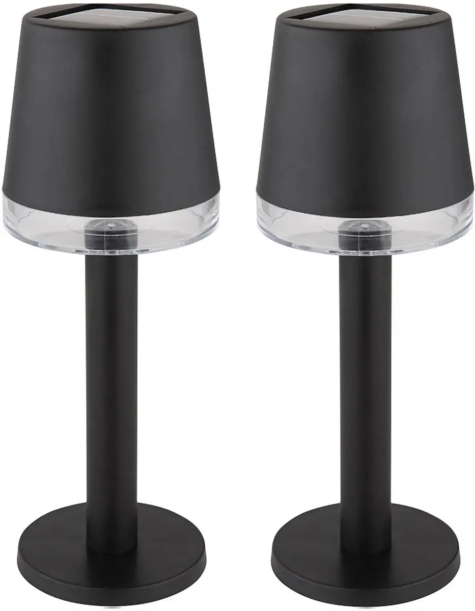 LED solarlamp tafellamp buitenlamp terraslamp tuinlamp, helder zwart kunststof, oplaadbare batterij 6-8u IP44, 3000K warm wit, set van 2, H 21,5 cm - afbeelding 2 van 2