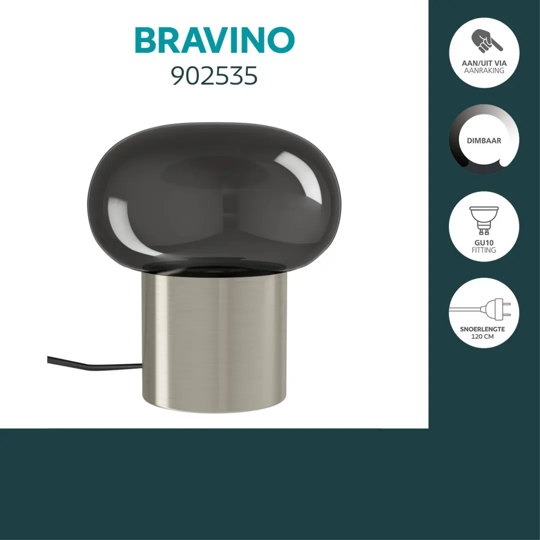 EGLO Bravino Tafellamp - GU10 - 17 cm - Nikkel/Smoke - afbeelding 2 van 5