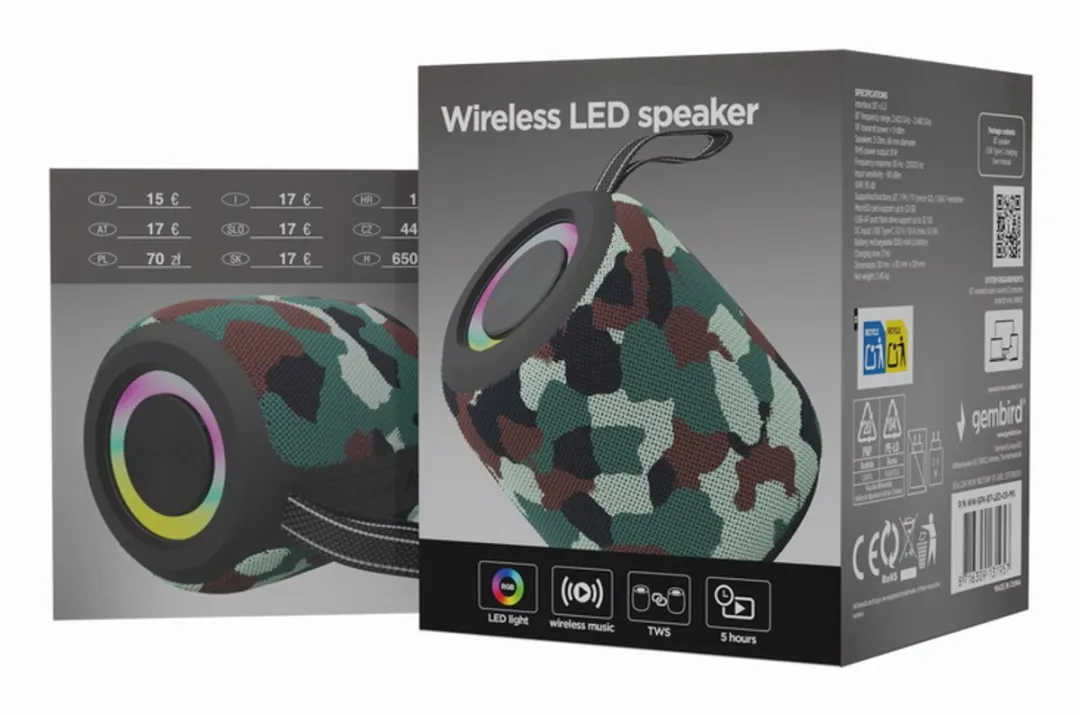Gembird BT LED Speaker SPK-BT-LED-05-CM - 8W - Camouflage