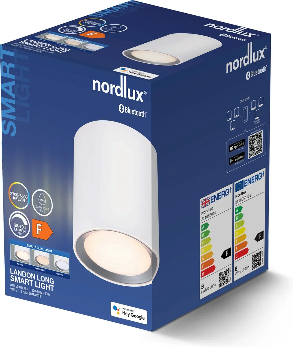 Nordlux Landon Smart 2700K IP44 Wandlamp 12.5cm - Wit