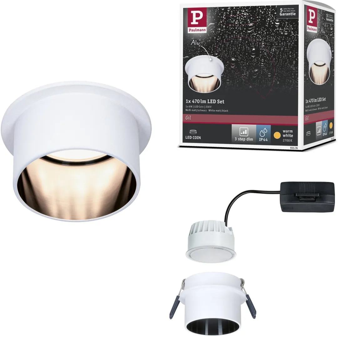 Paulmann LED-inbouwlamp Gil Coin 6W 470lm 2700K - IP44 - Wit/Zwart mat
