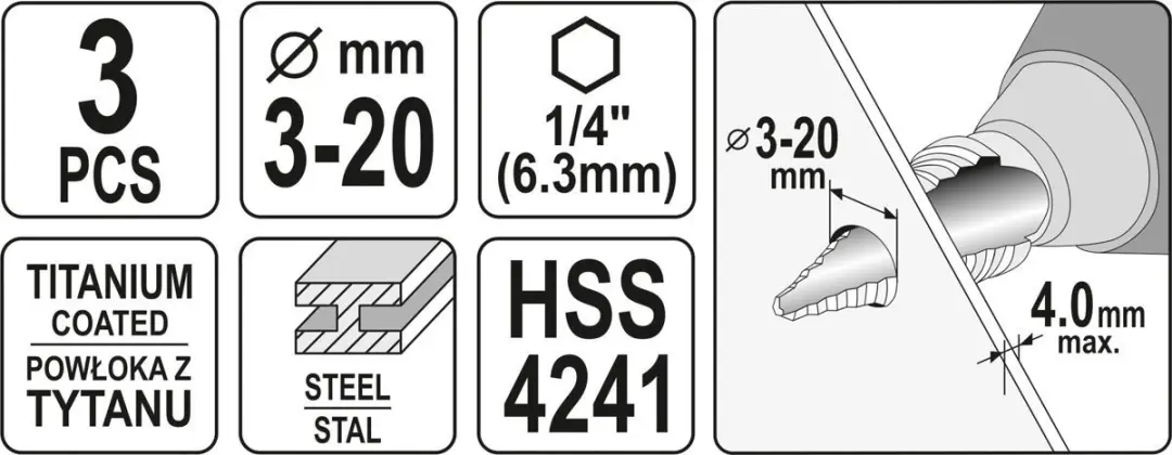 Yato YT-44731 Trapboorset 3-delig - 3-20mm - afbeelding 4 van 4
