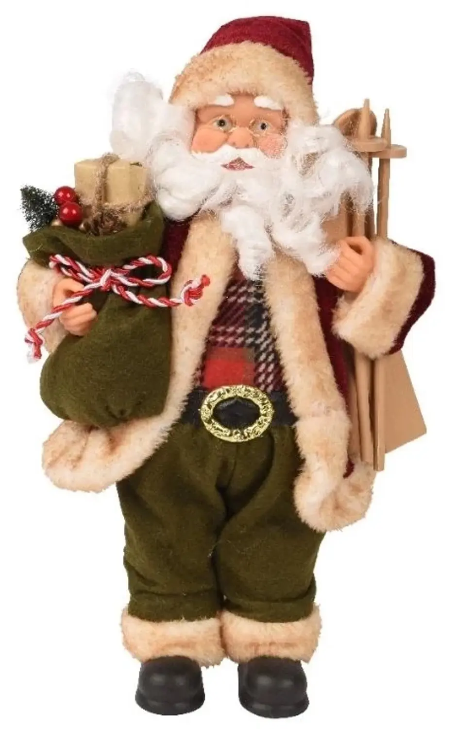 Kerstman pop met cadeaus en ski's