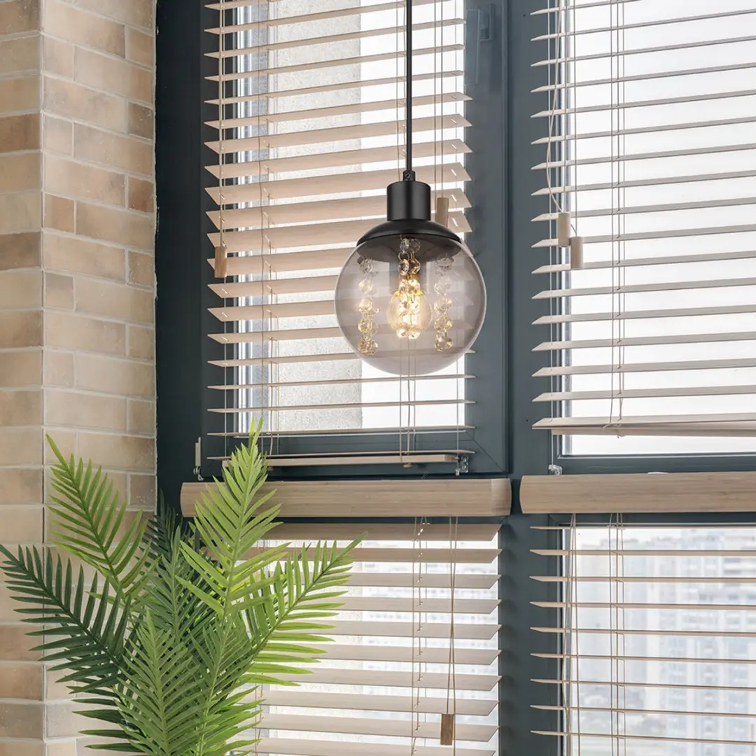 Hanglamp eettafel hanglamp woonkamer, gerookt glas, zwart metaal, 1x E27, DxH 15
